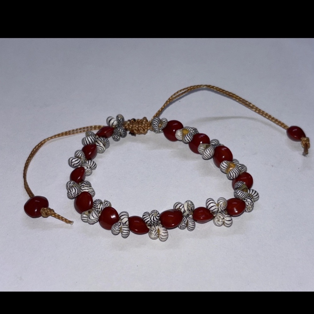 Red Seed‎ Bead Black & White Stripped Shell Ankle Bracelet Adjustable